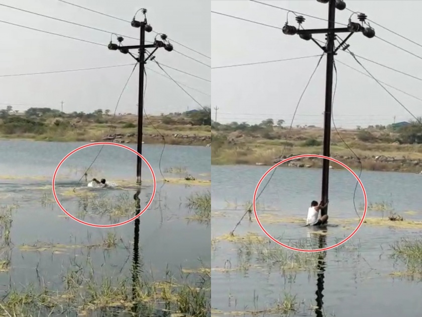 Jigarwala wireman... swam 100 feet long in the embankment and repaired the electricity on the pole in sinnar nashik | जिगरवाला वायरमन... बंधाऱ्यात १०० फूट लांब पोहत जाऊन केली खांबावरील 'वीजदुरुस्ती'