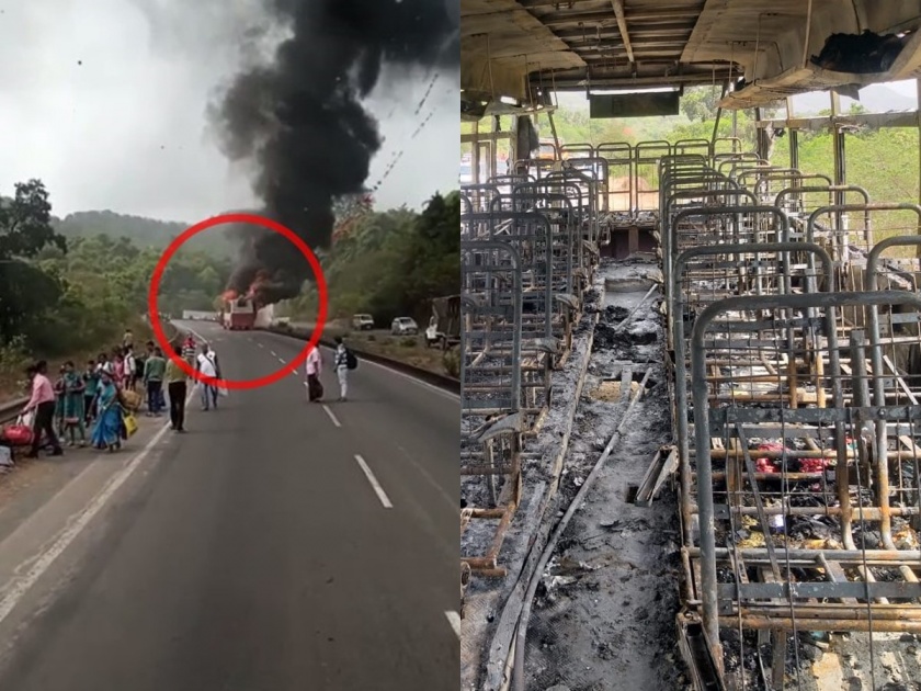 Video: 22 passengers rescued due to driver's accident, Panvel-Mahad bus burnt to ashes | Video: पनवेल-महाड बस जळून खाक, ड्रायव्हरच्या प्रसंगावधानतेमुळे 22 प्रवाशी बचावले