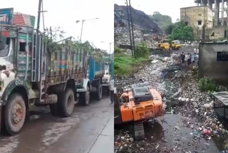 Mud and stench in the dumping ground area, garbage dumpers and trucks blocked by citizens | डम्पिंग ग्राऊंड परिसरात चिखल व दुर्गंधी, नागरिकांनी अडविले कचऱ्याचे डंपर अन् ट्रक