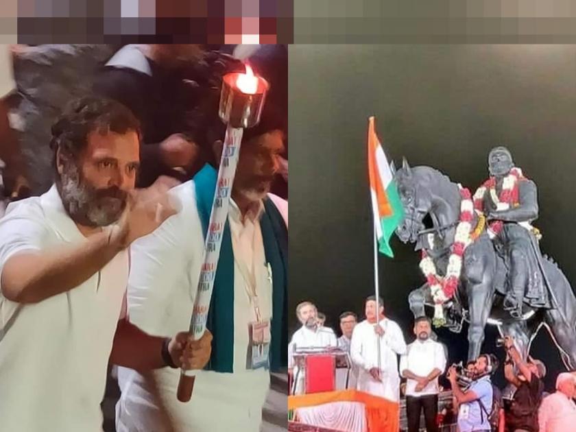 Rahul Gandhi's entry into Maharashtra with a mashal for bharat jodo yatra, first greeted Shivaji maharaj statue in deglur | मशाल घेऊन राहुल गांधींची महाराष्ट्रात एंट्री, सर्वप्रथम शिवाजी महाराजांना अभिवादन