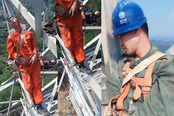 Tired Chinese Workers Sleep On Narrow Steel Bars 160 Feet Above Ground | Video: अबब! 160 फूट उंच विजेच्या खांबावर कामगार चक्क झोपी गेले