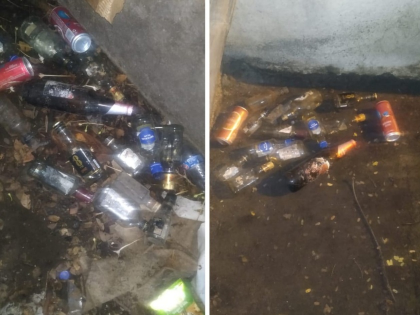 Expenditure of liquor bottles in Pune Municipal Corporation property; The security guards party at midnight | पुणे महापालिकेच्या प्रॉपर्टीत दारूच्या बाटल्यांचा खच; सुरक्षारक्षकच मध्यरात्रीत करतात पार्टी