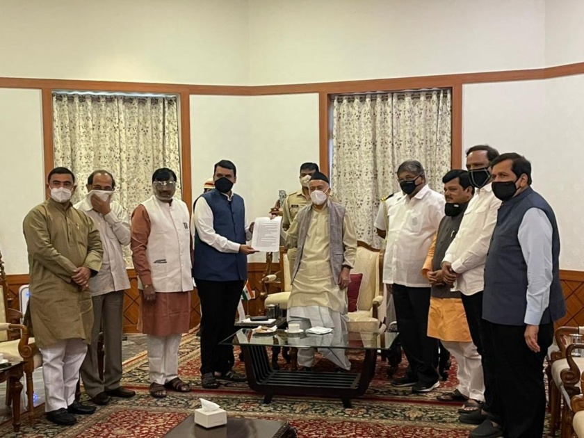 Delegation of BJP leaders led by Devendra Fadnavis met Governor Bhagat Singh Koshyari | राज्यपाल साहेब, महाराष्ट्रात हस्तक्षेप करा, राज्य वाचवा; भाजपाच्या शिष्टमंडळाकडून 100 प्रकरणांची तक्रार