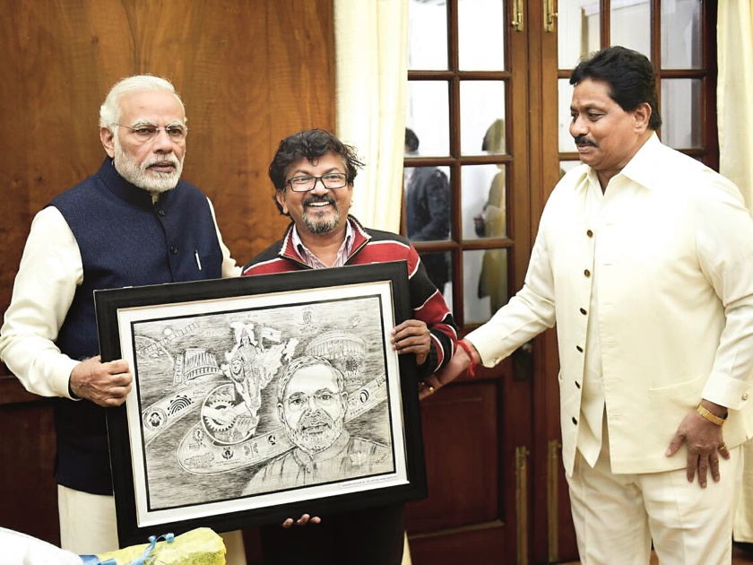 PM praises godavatan artist; A gift given to Modi by Parliament, Bharatmata, Indian Army | दैवदैठणच्या कलाकाराचे पंतप्रधानांकडून कौतुक; संसद, भारतमाता, भारतीय सेना यांचे चित्र मोदी यांना दिले भेट