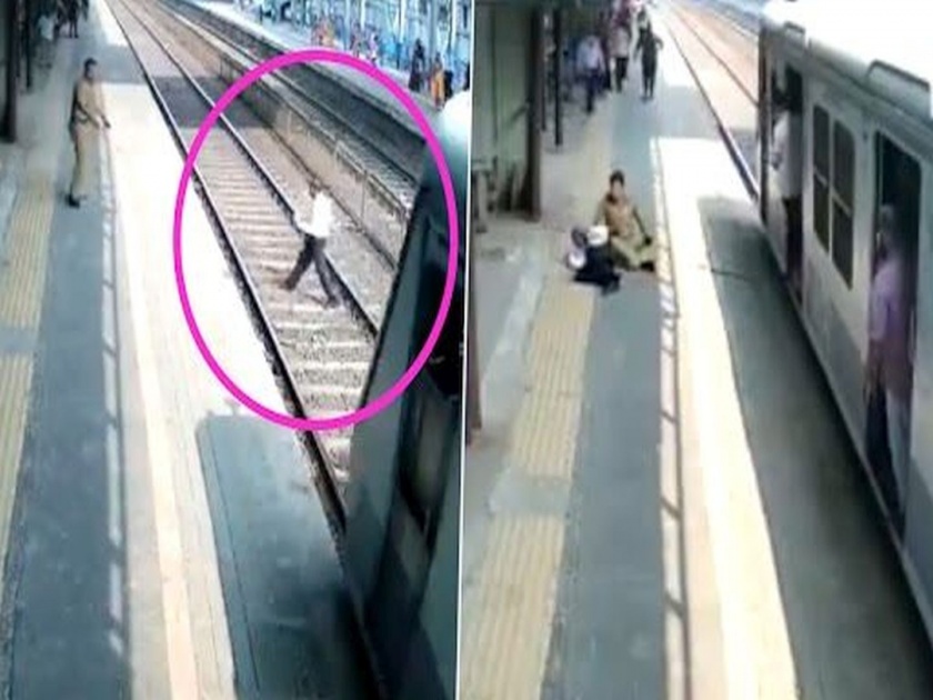 Mumbai police constable save 60 year old man life who stuck at railway track watch viral video | सॅल्यूट! रेल्वे ट्रॅक ओलांडता ओलांडता ट्रेन आली; अन् जवानाच्या प्रसंगावधानमुळे मोठा अनर्थ टळला