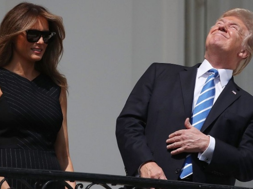 Donald Trump look into the sky during the solar eclipse | ग्रहणातील सूर्यालाही डोनाल्ड ट्रम्पनी वटारले उघड्या डोळ्यांनी, सोशल मीडियावर खिल्ली