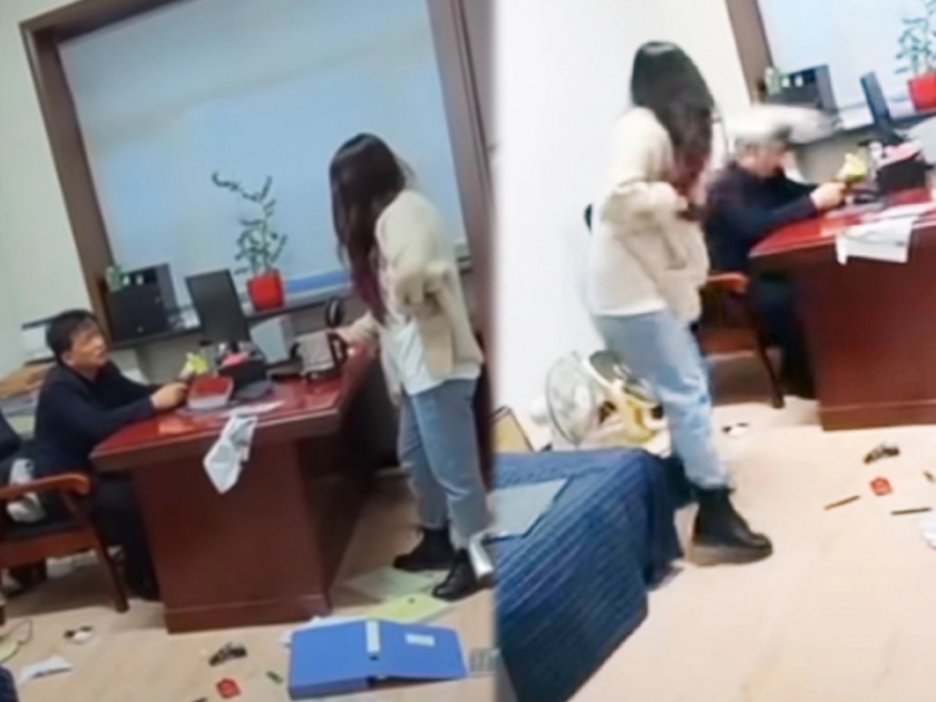 A woman in china was fed up of her boss dirty messages and she hit him with mop video going viral | दे दणादण! अश्लील मेसेज पाठवणाऱ्या बॉसची महिलेकडून झाडूने धुलाई, व्हिडीओ व्हायरल!