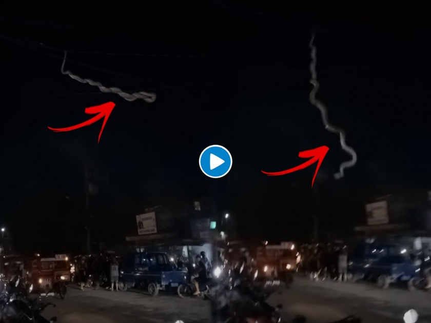 Viral Video : Snake on overhead street wires causes local people to panic | रस्त्यावरील तारावर लटकलेला होता विशाल साप, लोक खालून जात असताना अचानक पडला आणि....