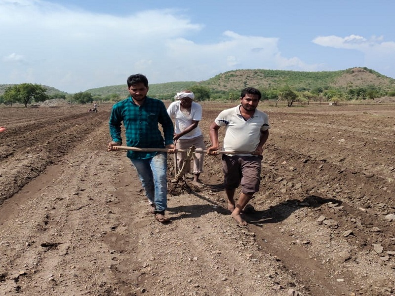 farmer used son for farming work due to lack of money in Hingoli | 'हंगाम जातोय, बैल घेणे परवडत नाही'; नाईलाजाने हळदीच्या सरीसाठी मुलांनाच जुंपले कोळप्याला