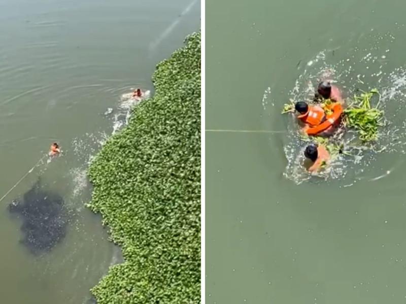 Youth jumps from bridge into river at Kalyaninagar Rescue by fire brigade | Video: कल्याणीनगर येथे तरुणाची पुलावरून नदीत उडी; अग्निशमन दलाकडून जीवदान