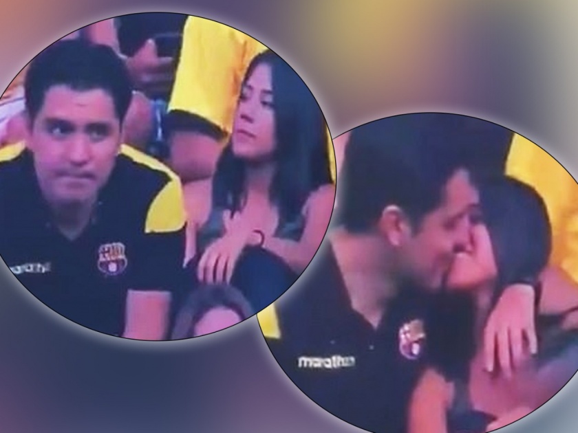 Video : Football fan caught cheating on his wife in viral Kiss Cam shot | Video : सामना सुरू असताना त्यानं शेजारच्या मुलीला केलं किस; त्यानंतर जे घडलं, तुम्हीच पाहा