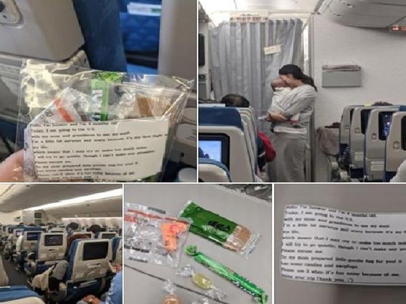 Mother distributes sweets & earplugs to fellow passengers just in case her baby cries during flight | चॉकलेट, स्वीट्स, इअरप्लग्स आणि 'ती गोड चिठ्ठी'... चिमुकल्याच्या आईनं जिंकली मनं