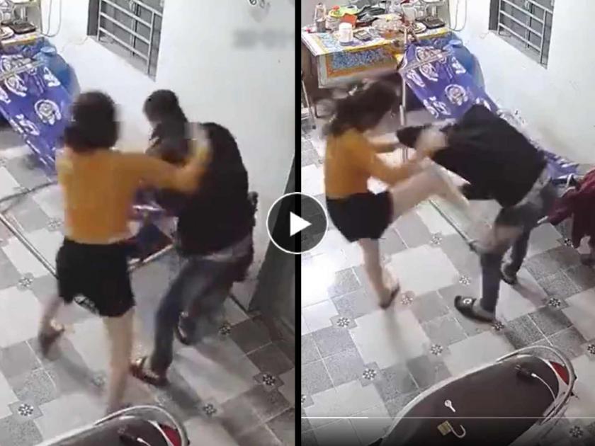 Husband Wife Viral Video as husband beaten by wife with kicks CCTV footage is goes viral on social media | Video: पती घरी येताच पत्नीने लाथाबुक्क्यांनी सुरु केली मारहाण, सीसीटीव्ही फुटेज होतेय व्हायरल