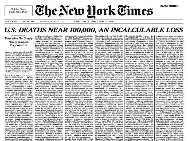 Tribute to the New York Times by publishing the death toll on the front page | मृतांची माहिती पहिल्या पानावर प्रसिद्ध करून ‘न्यूयॉर्क टाइम्स’ची श्रद्धांजली