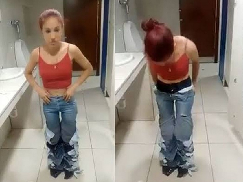 Woman shoplifts 8 pairs of jeans wearing them all at once caught by security guard video goes viral | Video : एकावर एक ९ जीन्स घालून दुकानातून होत होती पसार, व्हिडीओ झाला व्हायरल...