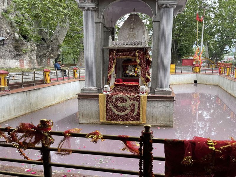 The color of the water Kund in Kheer Bhavwani temple has changed, Kashmiri Pandit said, this is the beginning of a big crisis! Srinagar | खीर भवानी मंदिरातील जलकुंडाचा रंग बदलला, काश्मिरी पंडित म्हणाले, ही तर मोठ्या संकटाची चाहूल!