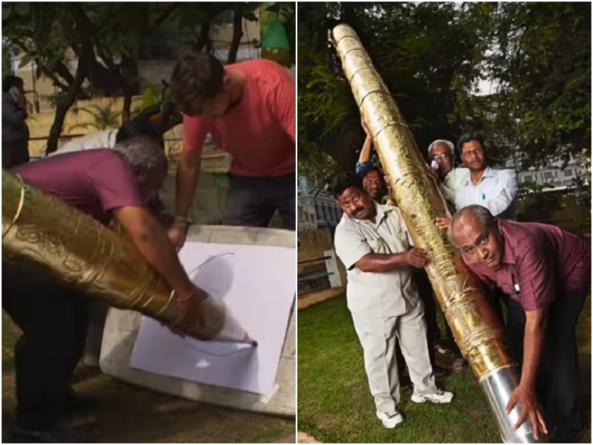 world largest ball pen made in hyderabad weight 37 kg watch video know whats special in this | Video : भारतीयाचा विश्वविक्रम; ३७ किलोंचं जगातील सर्वात मोठं बॉलपेन, उचलण्यासाठी लागतात ५ जण!