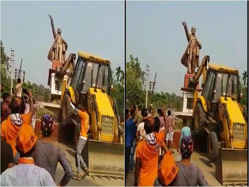 Tripura BJP supporters bulldoze Lenin statue | उन्माद! विजयानंतर त्रिपुरात भाजपाच्या कार्यकर्त्यांनी लेनिनचा पुतळा बुलडोझरने पाडला