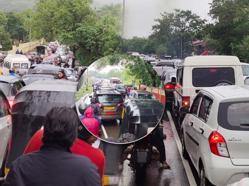 Queues of vehicles up to ten kilometers in Lonavala; Heavy traffic jam on Bhushi Dam route | लोणावळ्यात दहा किलोमीटरपर्यंत वाहनांच्या रांगा; भुशी धरण मार्गावर प्रचंड वाहतूक कोंडी