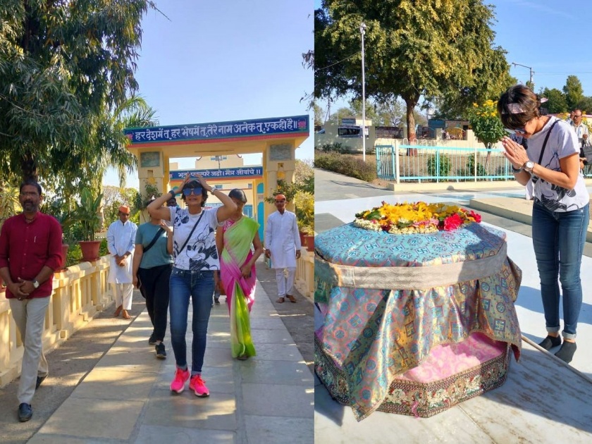 Film actress Mandira Bedi paid obeisance at Rashtrasant Tukadoji Maharaj mausoleum at Gurukunj Mozri | सिनेअभिनेत्री मंदिरा बेदी राष्ट्रसंताच्या समाधिस्थळी नतमस्तक
