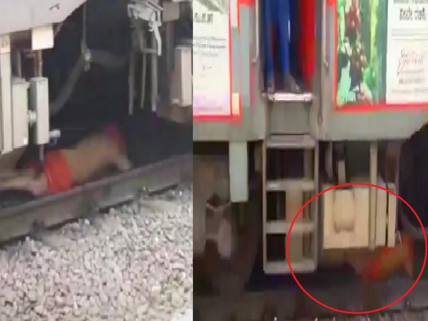 Manmad Railway Station, Sadhu baba lies under superfast humsafar train | Manmad Railway: धडकी भरवणारी घटना! धावत्या ट्रेनखाली सापडले साधूबाबा; अंगावरुन गेले 10 डब्बे