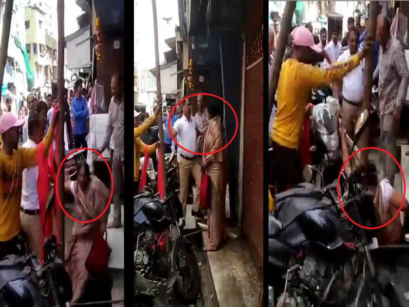 Mumbai News; man hitting and pushing a woman in Mumbadevi area, allegedly over puting a bamboo stick in front of woman's shop without | VIDEO: गणपतीचा मंडप लावण्यावरुन महिलेला भररस्त्यात मारहाण; मुंबादेवी परिसरातील घटना