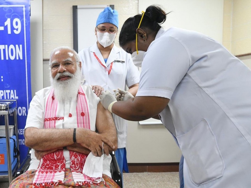 PM Narendra Modi takes COVID 19 vaccine at Delhis AIIMS netizens connects it with kerala assam puducheery assembly election | केरळ-पुदुचेरीची नर्स; आसामचा गमछा, नरेंद्र मोदींच्या कोरोना लशीमागच्या 'इलेक्शन कनेक्शन'ची चर्चा