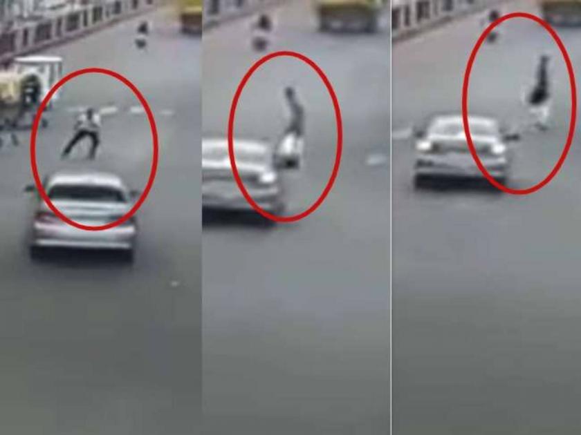 car blew up young man crossing the road while talking on mobile in lucknow | मोबाईलवर बोलत रस्ता ओलांडणं महागात; कारच्या धडकेनं तरुण ८ फूट उडाला; अंगावर काटा आणणारा VIDEO