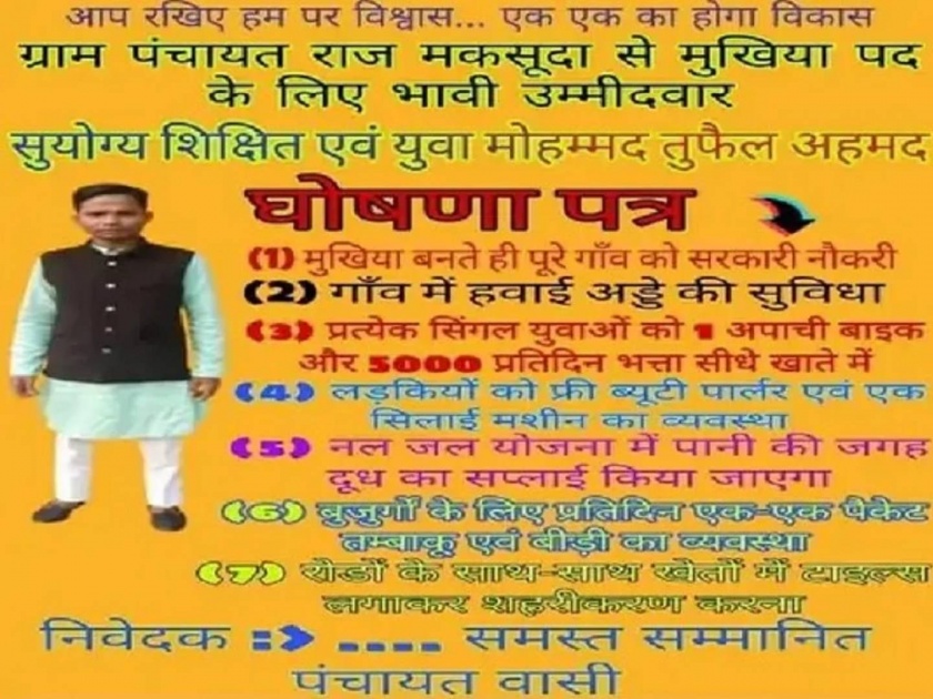 Bihar Panchayat Election 2021 Viral Poster Of Mukhiya Candidate In Muzaffarpur | नाद खुळा! तरुणांना बाईक, तरुणींना मोफत ब्युटी पार्लर; उमेदवाराच्या आश्वासनांची लिस्ट लय भारी