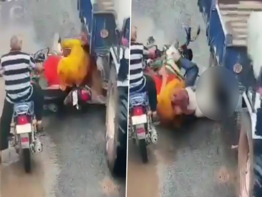 gujarat accident video bike rider survives even after wheel of tractor trolley mounted on the head | VIDEO: तो दुचाकीवरून पडला; डोक्यावरून गेलं ट्रॅक्टरच्या ट्रॉलीचं चाक अन् मग घडला चमत्कार
