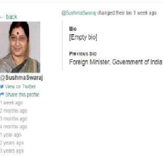 External Affairs Minister removed Sushma Swaraj's bio-data | सुषमा स्वराज यांच्या बायोडाटामधून परराष्ट्र मंत्रीपद हटवले