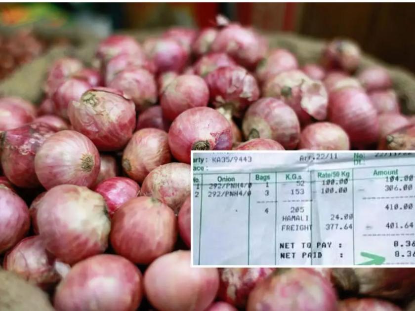 Karnataka farmer earns Rs 8 for 205 kg of onions after travelling 415 km; photo of receipt goes viral | धक्कादायक! 205 किलो कांदा विकण्यासाठी शेतकऱ्याचा 415 किमी प्रवास पण मिळाले फक्त 8 रुपये