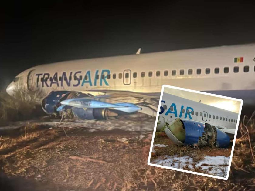 Senegal major accident averted Boeing 737 plane catches fire skids off runway 10 injured watch video | सेनेगलमध्ये ८५ प्रवाशांनी भरलेले विमान धावपट्टीवरून घसरले, लागली आग; मोठी दुर्घटना टळली!