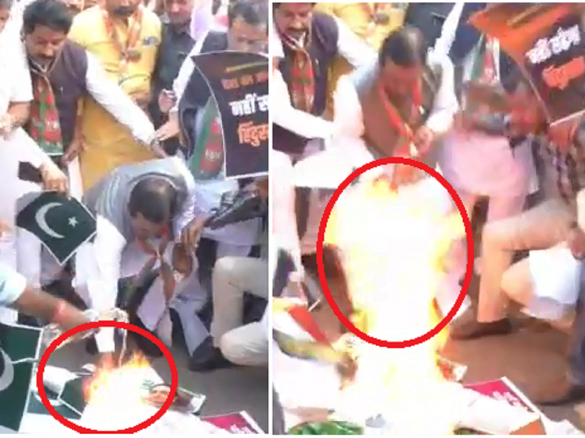BJP MP Pratap Patil Chikhalikar's hand burnt while burning statue of Bilawal Bhutto of Pakistan | Video: पाकिस्तानच्या बिलावल भुट्टोंचा पुतळा जाळताना भाजप खासदारांचा हात भाजला