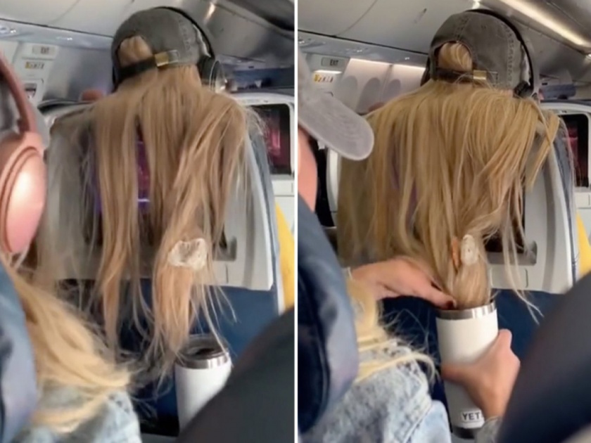 Passenger sticks chewing gum in woman’s hair ‘after it blocks TV’ | बदला! टीव्हीवरून प्लेनमध्ये दोन महिलांमध्ये 'कॅट फाइट', ९ कोटी ७० हजार लोकांनी पाहिला व्हिडीओ!