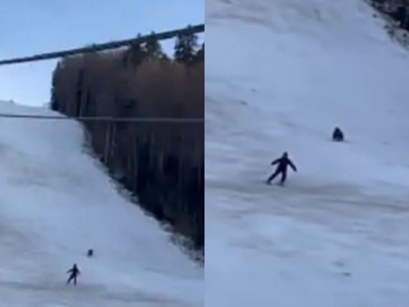 Skier chased by bear this is how he saved his life video goes viral | VIDEO : बर्फावर आरामात स्कीइंग करत होती व्यक्ती, अचानक मागे लागलं जंगली अस्वल!