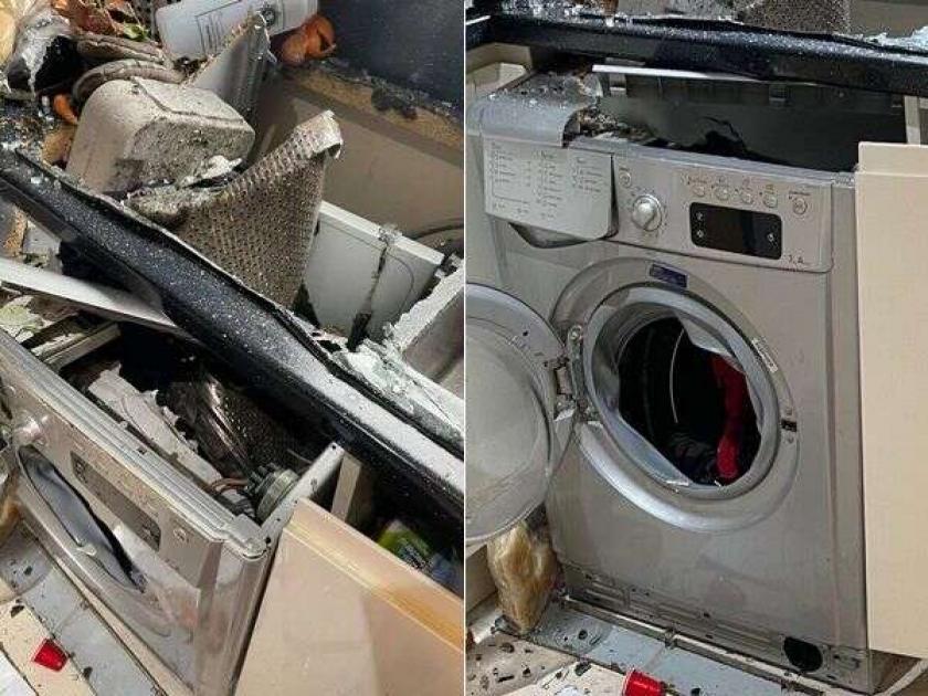 Washing machine explodes in the kitchen Scottish womans shared shocking pictures | अचानक वॉशिंग मशीनमध्ये झाला स्फोट, किचनचा नजारा पाहून घाबरले लोक!