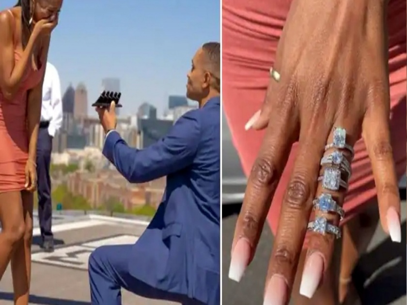 Georgia man proposes to girlfriend in royal mode with 5 diamond rings in Atlanta watch viral video | हेलिकॉप्टरमधून उतरला, गुडघ्यावर बसला, गर्लफ्रेन्डसमोर ठेवल्या ५ डायमंड रिंग, व्हिडीओचा धुमाकूळ!