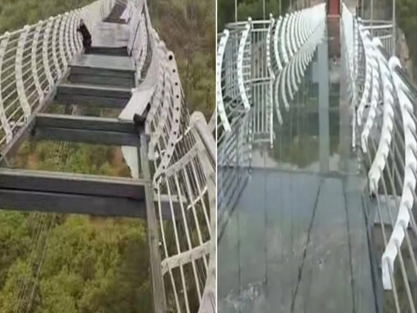 Man left dangling 330ft in the air after glass bridge shatters in China | धक्कादायक! काचेच्या पुलावर चालत होती व्यक्ती, हवेमुळे अचानक तुटल्या काचा; नंतर काय झालं?