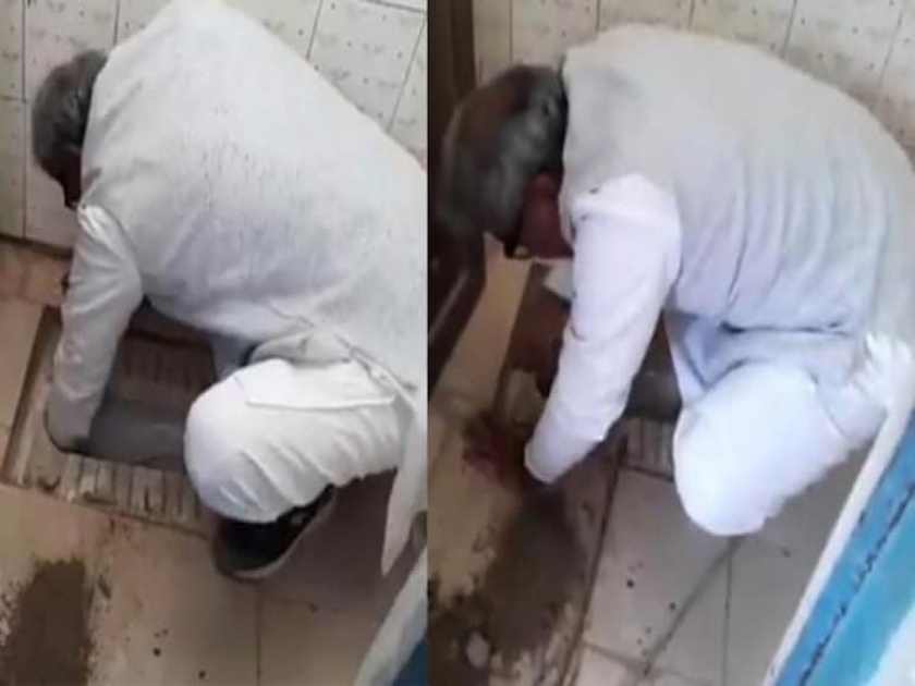 BJP MP Janardhan Mishra cleaned toilet in covid center by his hand Madhya Pradesh | नेता असावा तर असा! ब्रश न मिळाल्यानं भाजप खासदारानं हातानं स्वच्छ केलं कोविड सेंटरमधील टॉयलेट