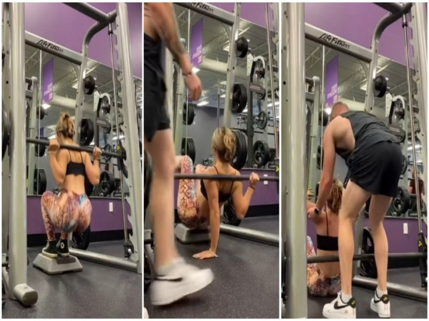 Gym video : Woman falls while weightlifting exercise watch viral video | VIDEO : एक्सरसाईज करताना घसरून पडली तरूणी, मदद करणाऱ्या व्यक्तीला म्हणाली....