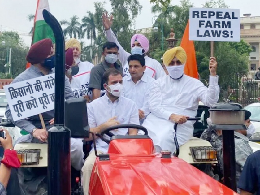 congress rahul gandhi came in parliament by driving tractor for support to farm laws repeal | Farm Laws: कृषी कायदे मागे घ्या; राहुल गांधीची मागणी, ट्रॅक्टर चालवत संसदेत एन्ट्री