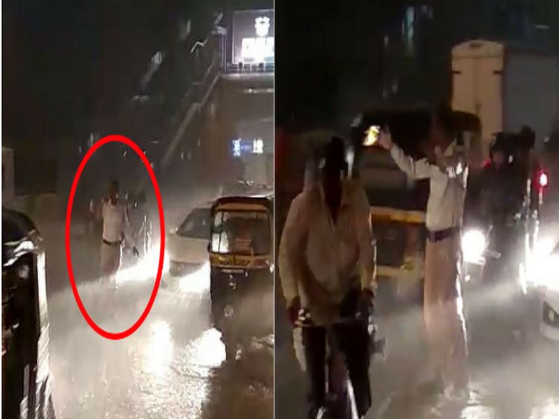 VIDEO - Mumbai cop manages traffic in rain | VIDEO- भर पावसात अडीच तास उभं राहून पोलीस हवालदाराने ट्रॅफिक केलं मॅनेज, कौतुकाचा वर्षाव