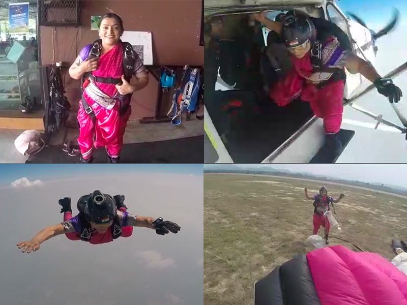 skydiver sheetal mahajan does sky diving wearing traditional sari | 'बहिणाबाईंच्या पणतीला आकाश ठेंगणं', नऊवारीत 13 हजार फुटांवरून 'स्काय डायव्हिंग'!
