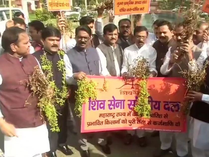 Shiv Sena leaders hold protest in Parliament premises on farmer issue | अतिवृष्टीग्रस्त शेतकऱ्यांच्या प्रश्नावरून शिवसेना आक्रमक, खासदारांचे संसदेच्या परिसरात आंदोलन
