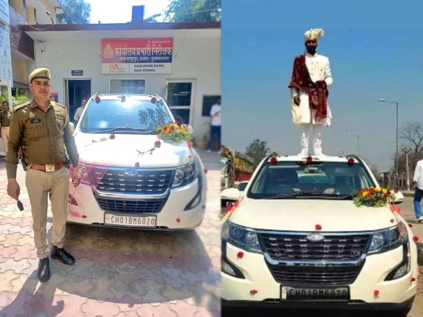 Uttar Pradesh's Saharanpur, police took action after a man posed for a photo shoot on an SUV car | कारच्या छतावर उभं राहून नवरदेवाचा स्टंट; व्हिडीओ व्हायरल अन् SUV जप्त 