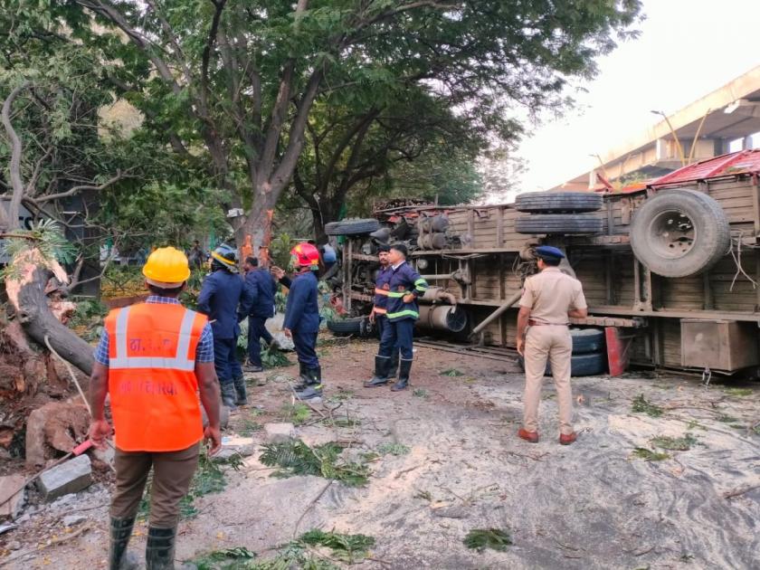 Thane: Truck lost control and overturned after hitting a tree, Mumbai-bound traffic disrupted for an hour | Thane: ताबा सुटून ट्रक झाडाला धडकून उलटला, मुंबईकडे जाणारी वाहतूक तासभर विस्कळीत