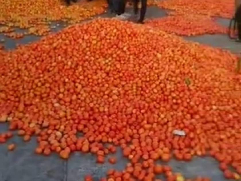 Tomato Matimol in Nashik, the market committee threw out the goods | नाशिक मध्ये टोमॅटो मातीमोल, बाजार समिती बाहेर फेकला माल