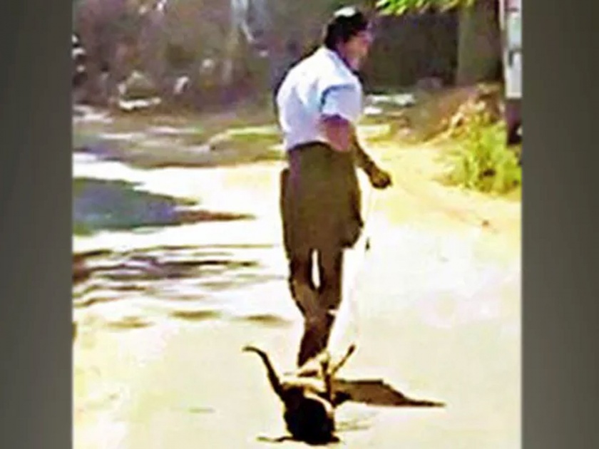 Animal cruelty man drags dog along road in kerala viral photo | माणुसकीला काळीमा! आधी मुक्या जीवाला दांड्यानं मारलं नंतर रस्त्यावरून नेलं फरपटत, व्हायरल फोटो 