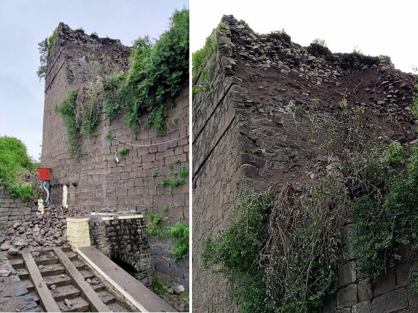 Hit by heavy rains; The Teling Buruj in the historic fort of Udgir collapsed | मुसळधार पावसाचा फटका; उदगीरच्या ऐतिहासिक किल्ल्यातील तेलींग बुरुज ढासळला